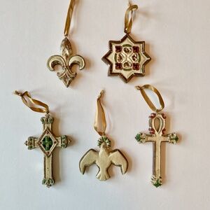 Antique Style Christmas Ornaments Set of 5 Two Sided 3" to 4.5" Painted Resin